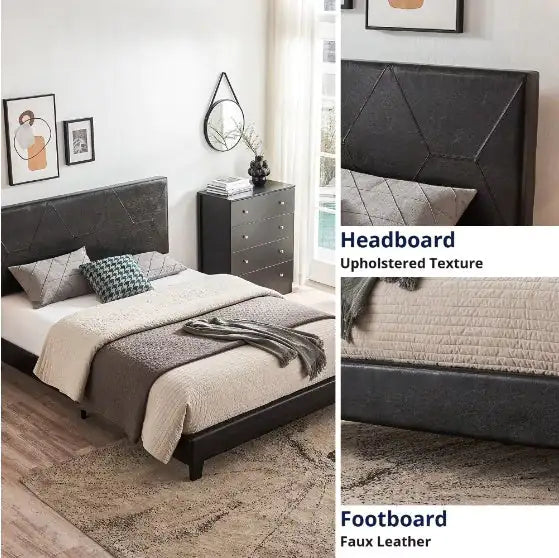 Queen Size Upholstered Platform Bed Frame – Wooden Slatted Support, Easy to Assemble, Black PU