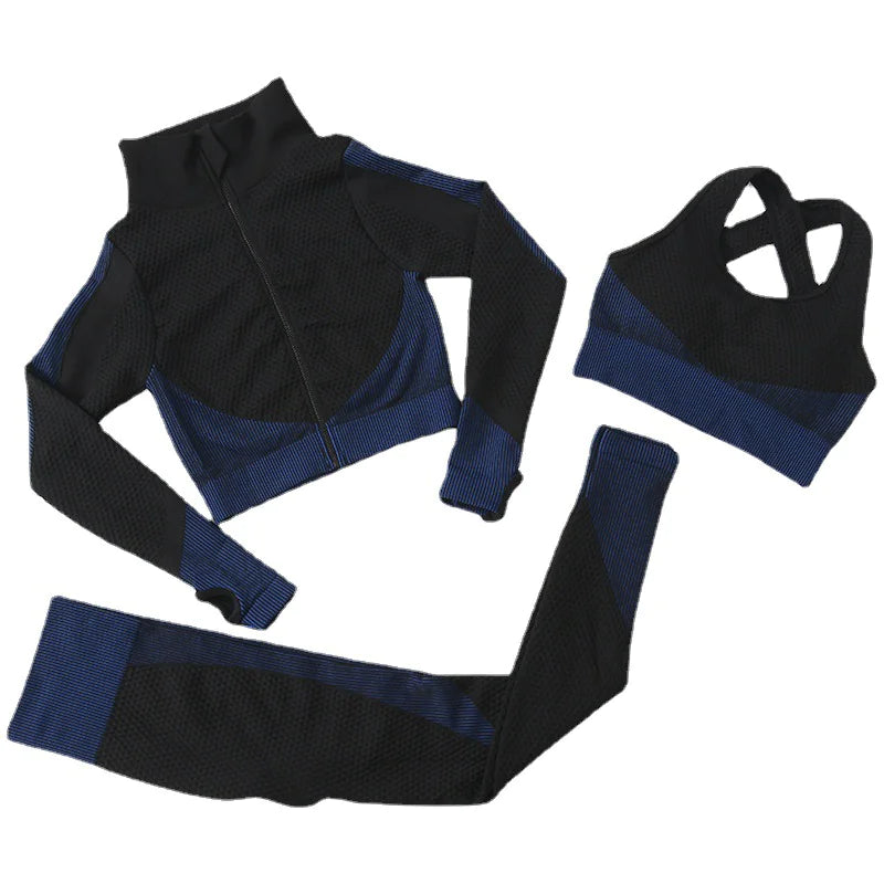 3-Piece Yoga Set – High-Waist Leggings, Sports Bra, and Long-Sleeve Jacket