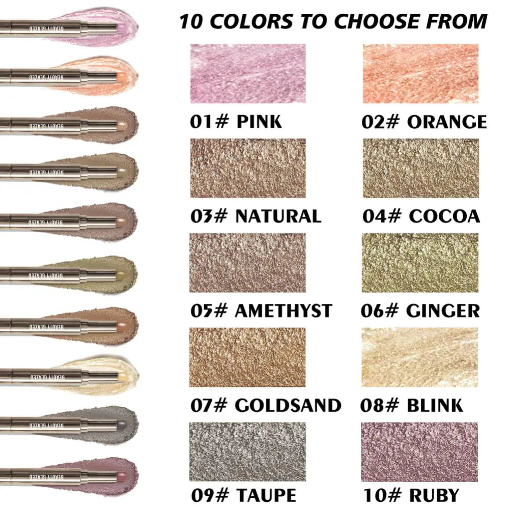 10 Color Double-Ended Eye Shadow Stick – Pearlescent Finish with Built-in Sponge Brush (5.1" Length)