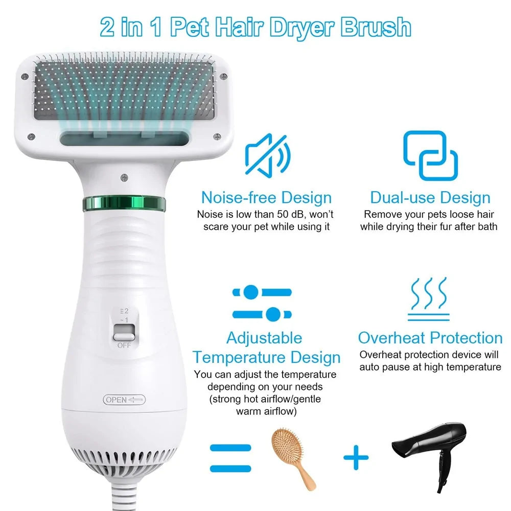 2-in-1 Pet Hair Dryer Brush – Quiet Drying & Detangling with Adjustable Heat (Low Noise, Dual Use, Overheat Protection)