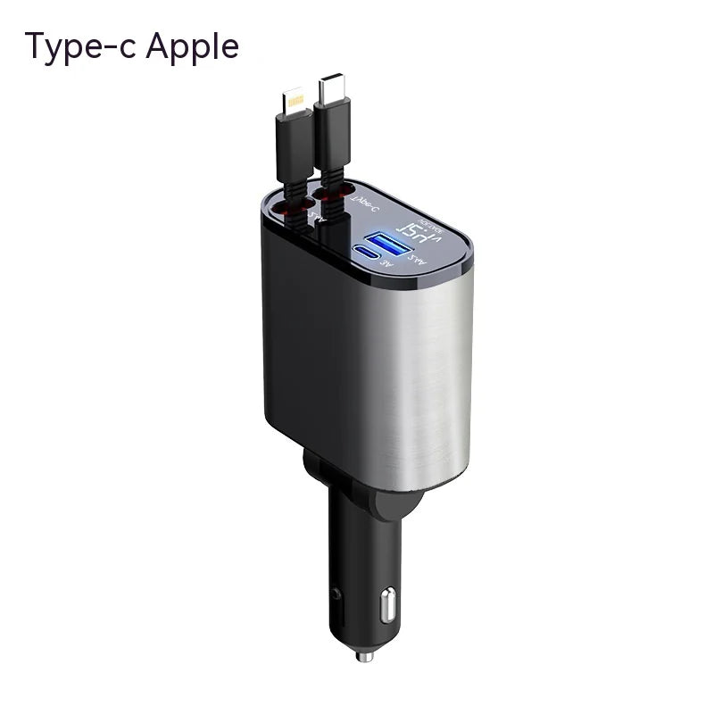 Retractable Car Charger 4-in-1 Fast Charging (100W High-Power, USB + Type-C Dual Port, Automatic Cable Storage)