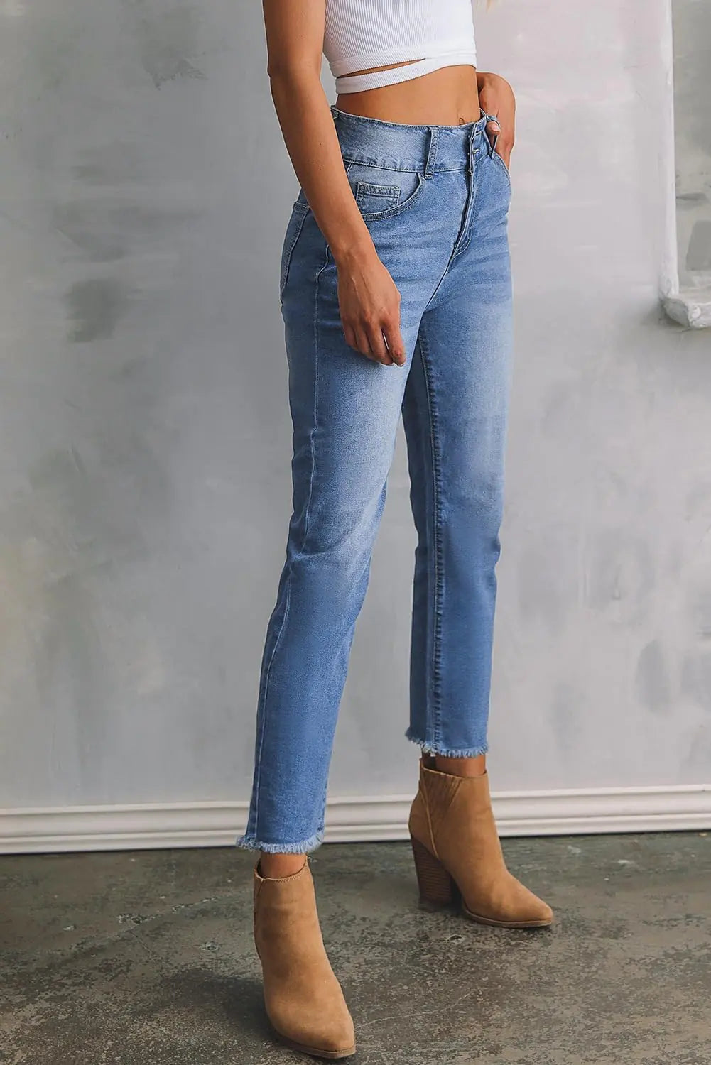Sidefeel Women's High Waisted Jeans Strechy Raw Hem Straight Leg Denim Pants with Pockets 18 Mist Blue