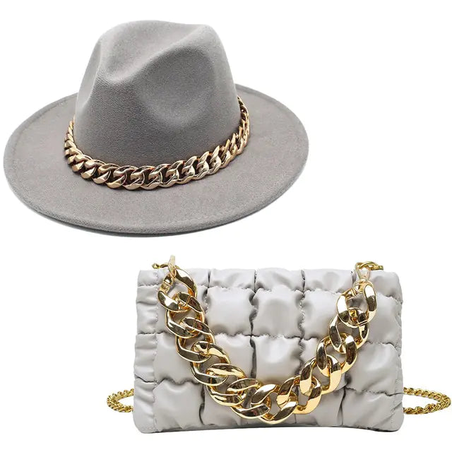 Fedora Hat and Handbag with Gold Chain – A Luxurious Fashion Statement