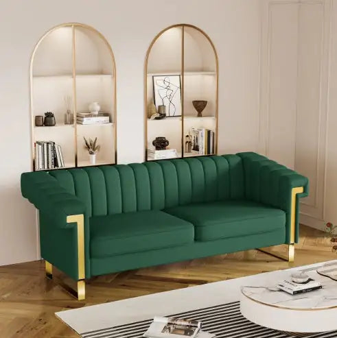 Modern Green PU Sofa with Gold Accents – Channel-Tufted 3-Seater for Living Room & Office