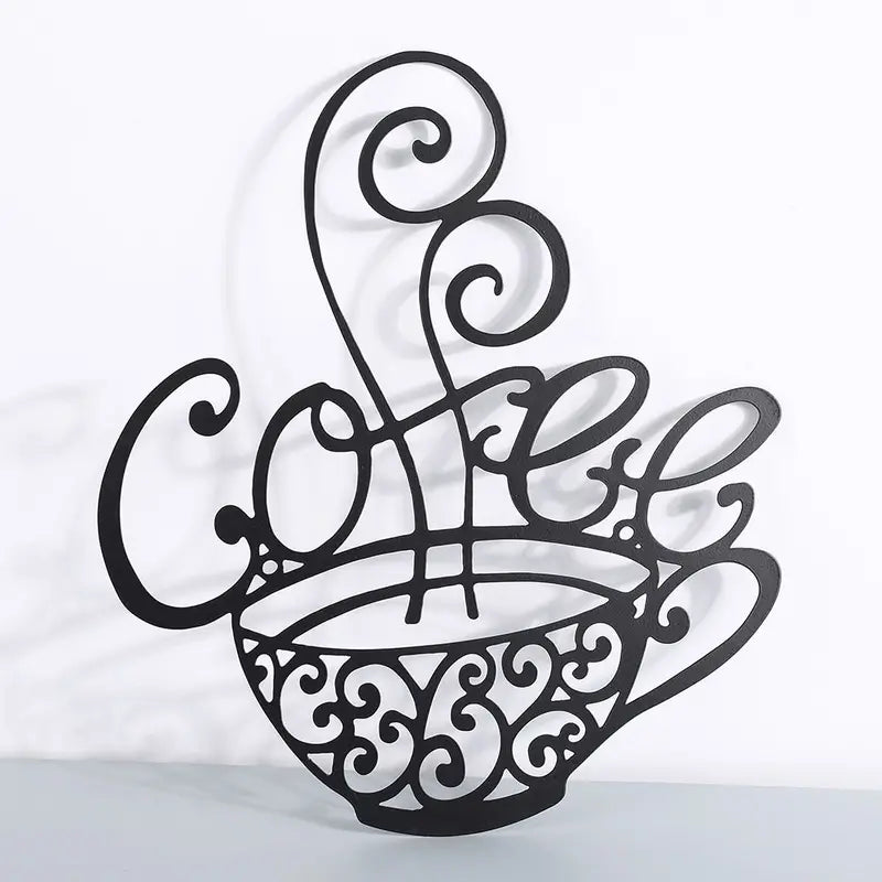 Coffee Cup Metal Wall Decor – 1 PCS Black Iron Coffee Bar Art (27x29cm / 10.6"x11.4")