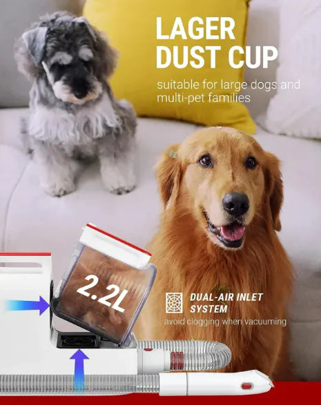 Pet Grooming Vacuum Kit – 3-in-1 Low Noise Deshedding & Trimming Tool (with Clipper, Brush & Large Dust Cup)