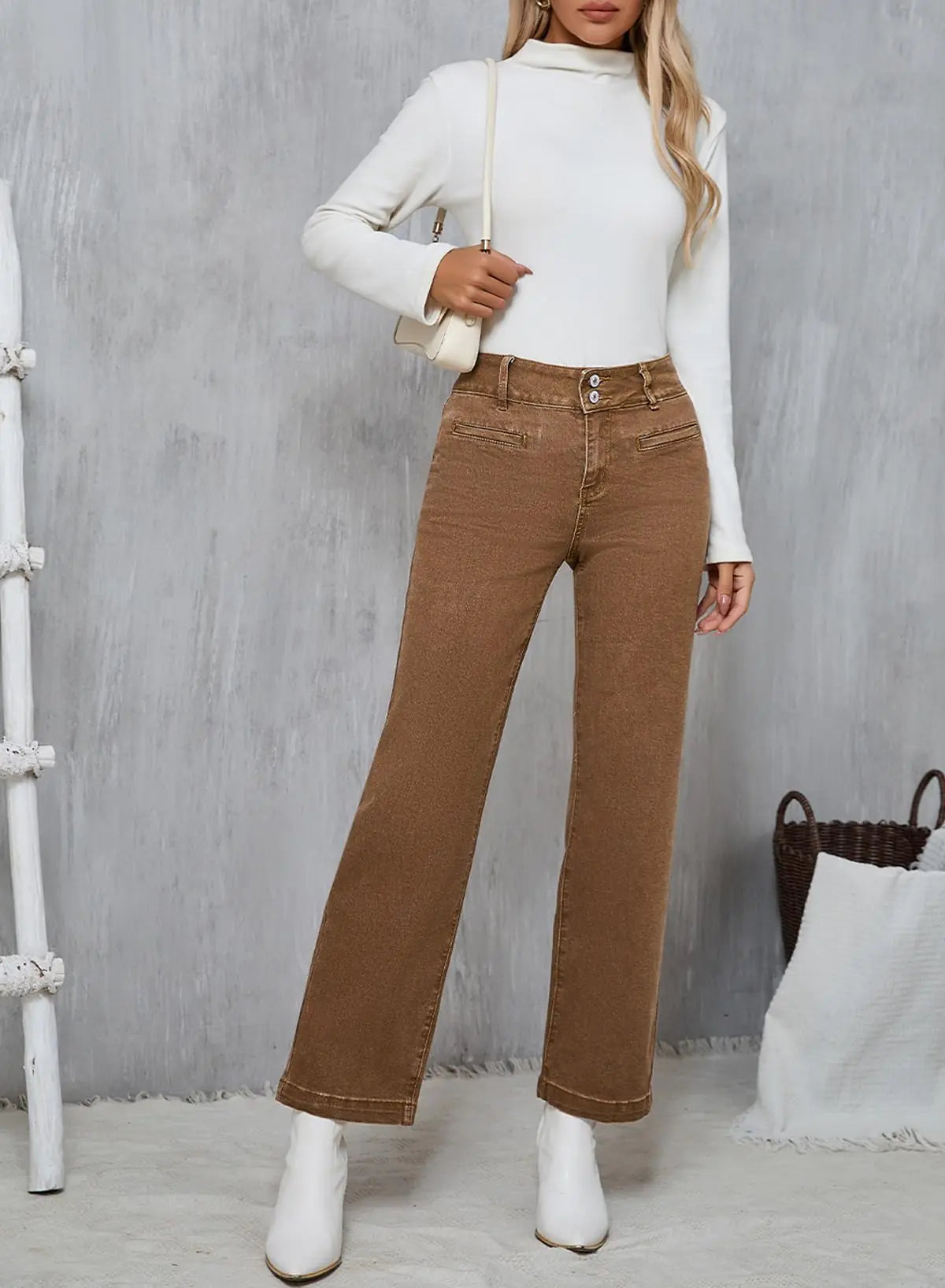 Sidefeel Women's Jeans High Waisted Straight Leg Stretchy Jeans Trendy Welt Pockets Loose Wide Leg Ankle Denim Pants 6 Brown