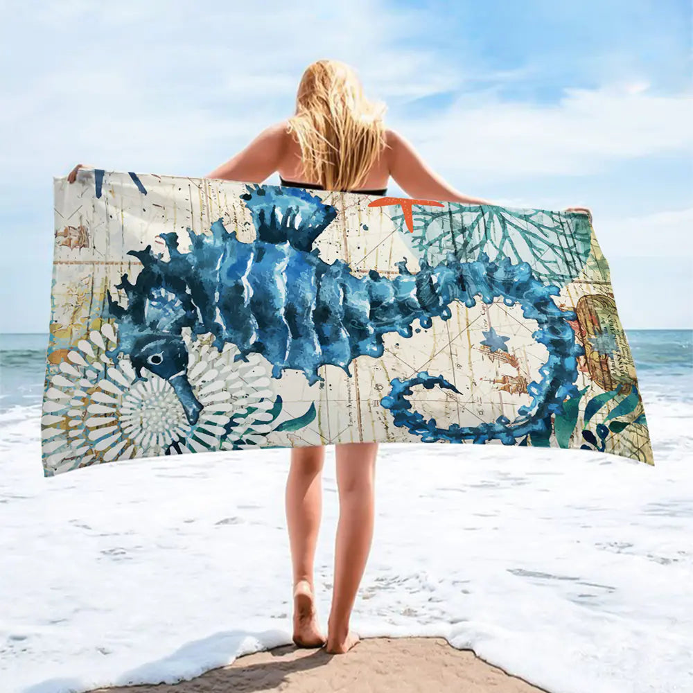 Spring Summer Seaside Seahorse Beach Towel – Vibrant Microfiber Comfort for Pool & Shore
