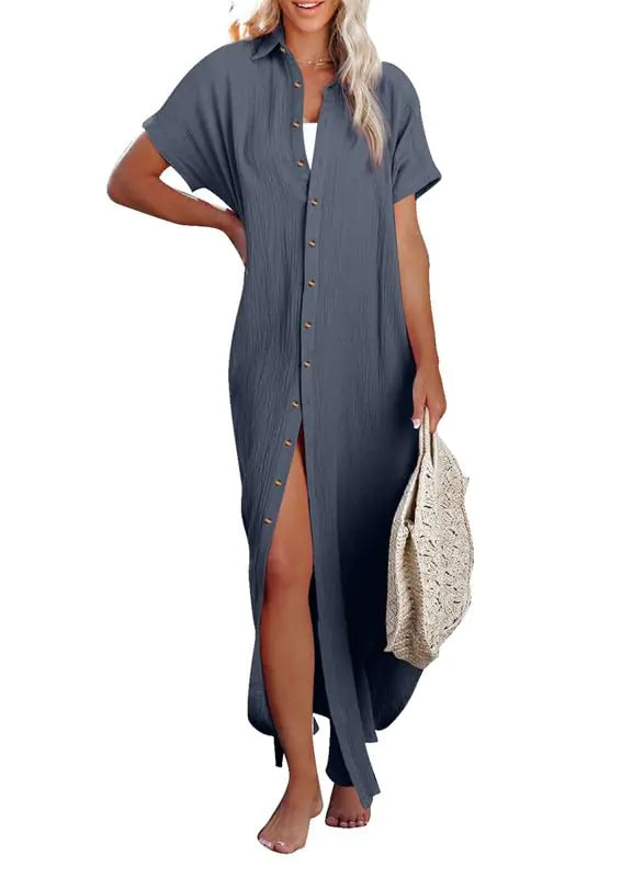 Womens Casual Short Sleeve Side Split Button Down Long Kimonos Cardigans Swimsuit Cover Ups Summer Beach Dress XX-Large 1 White