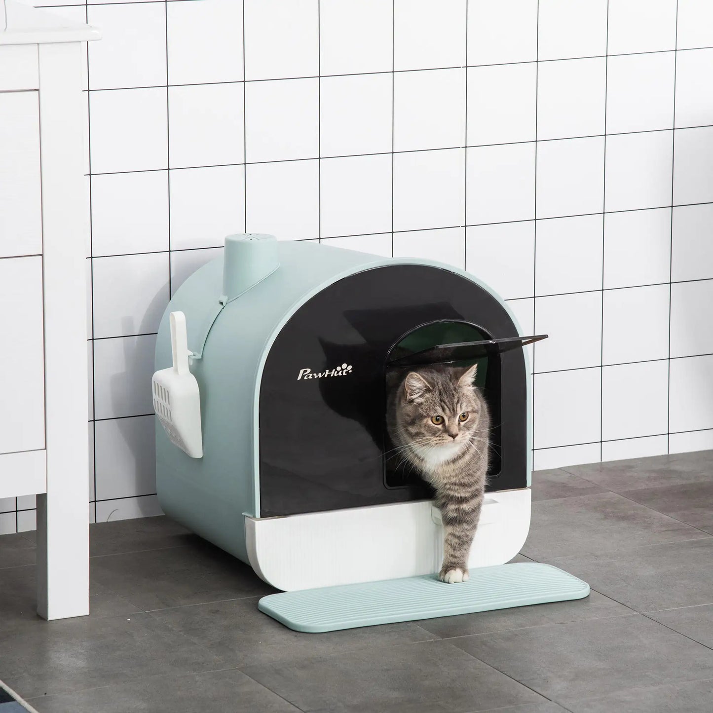 PawHut Cat Litter Box with Lid, Indoor Cat Litter Tray with Spoon, Strainer, Private Hooded Litter Box, Easy to Clean, Green, 17" x 17" x 18.5"