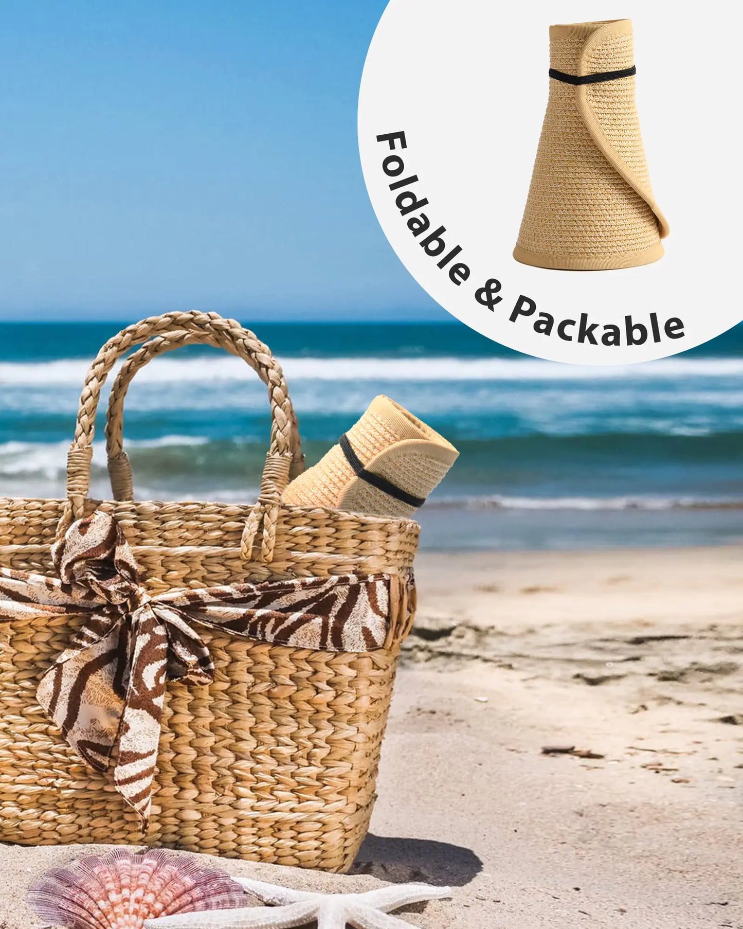 Wide Brim Straw Roll-Up Ponytail Summer Beach Hat (ONLY 1 left!)