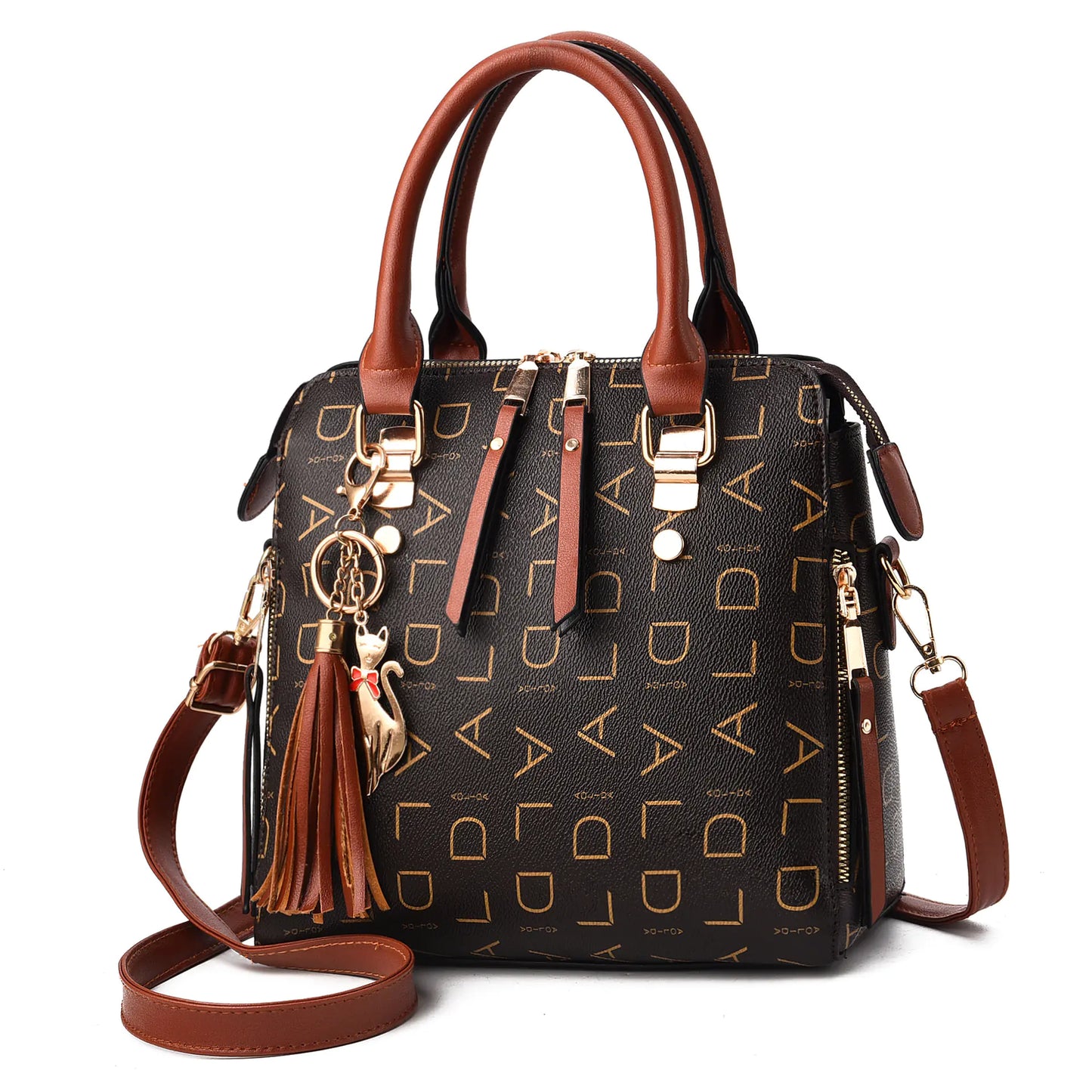 Vintage PU Leather Handbag – Stylish Letter Print Shoulder & Crossbody Bag with Cat Charm