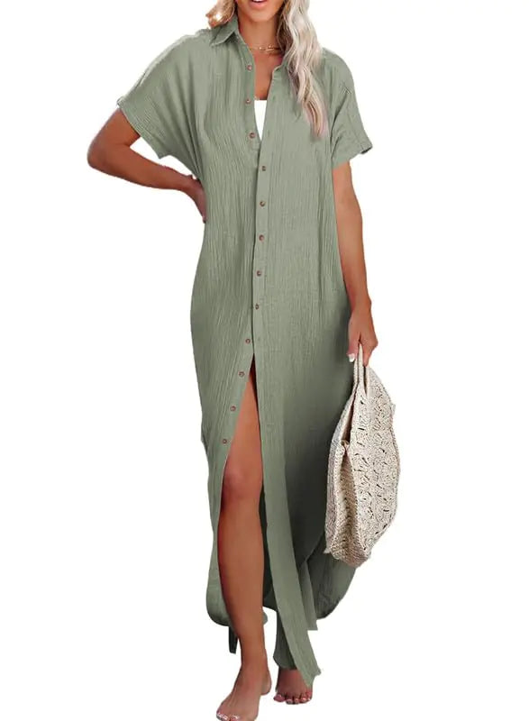 Womens Casual Short Sleeve Side Split Button Down Long Kimonos Cardigans Swimsuit Cover Ups Summer Beach Dress XX-Large 1 White