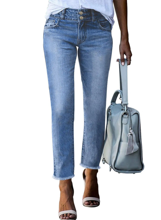 Sidefeel Women's High Waisted Jeans Strechy Raw Hem Straight Leg Denim Pants with Pockets 18 Mist Blue