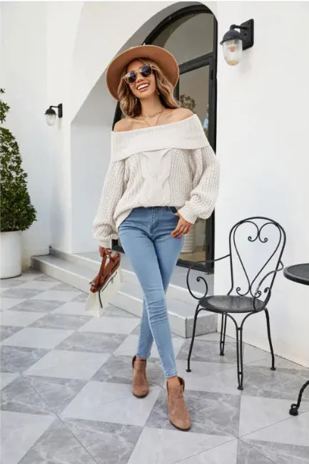 Women’s Chic Off-Shoulder Cable Knit Sweater (Twisted Pattern, S–XL, Multiple Colors)