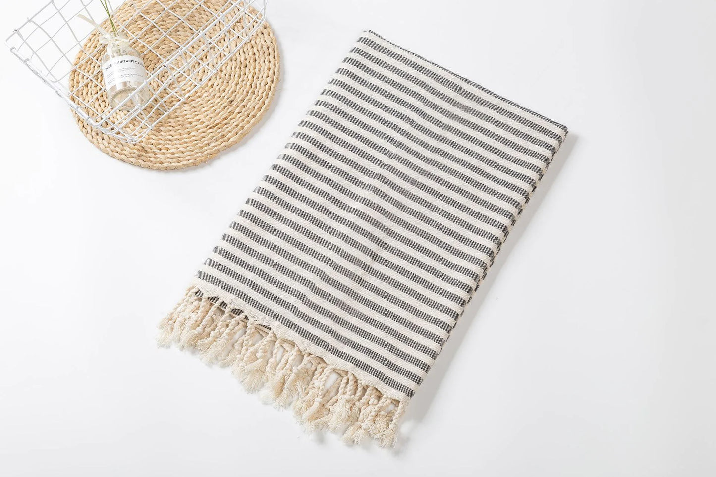 Fringed Beach Towel – Wearable Polyester Cotton Striped Towel, Cushion, and Tablecloth