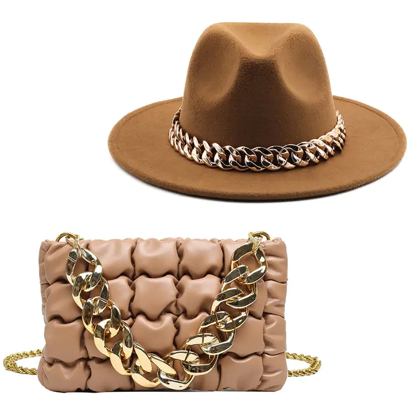 Fedora Hat and Handbag with Gold Chain – A Luxurious Fashion Statement