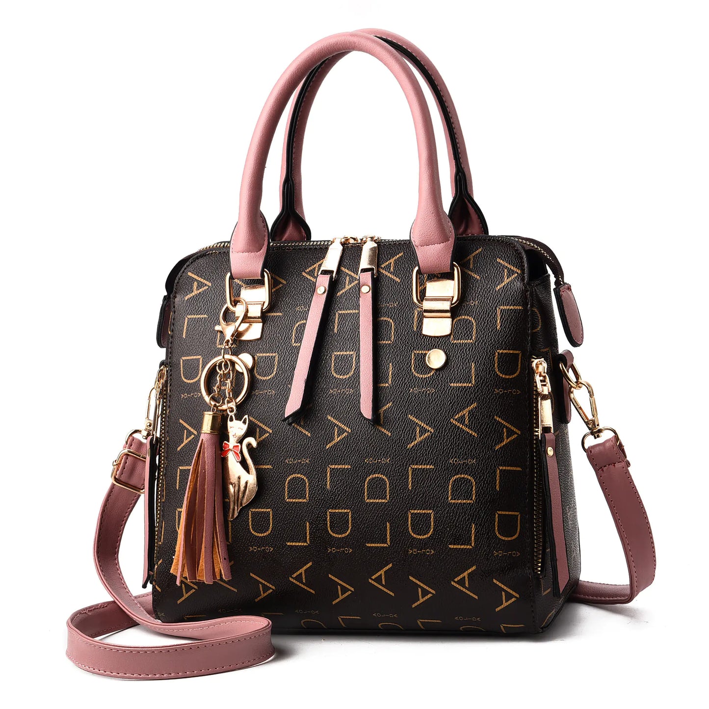 Vintage PU Leather Handbag – Stylish Letter Print Shoulder & Crossbody Bag with Cat Charm