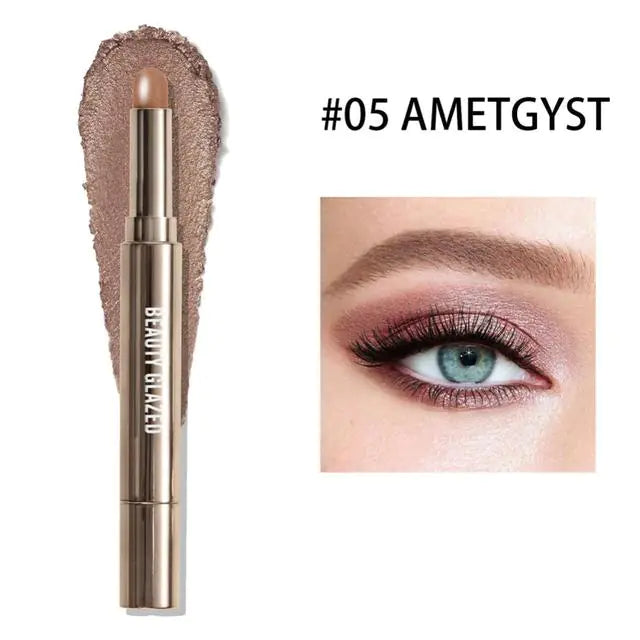 10 Color Double-Ended Eye Shadow Stick – Pearlescent Finish with Built-in Sponge Brush (5.1" Length)