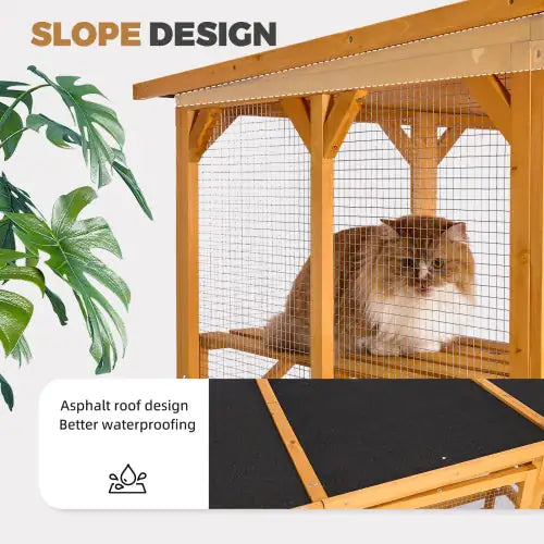 Catio Outdoor Cat Fence with Roof – 72" Tall Yellow Wooden Cat House