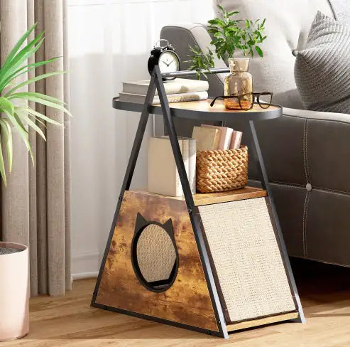 Cat House & End Table – Black Vintage Wood Cat Condo