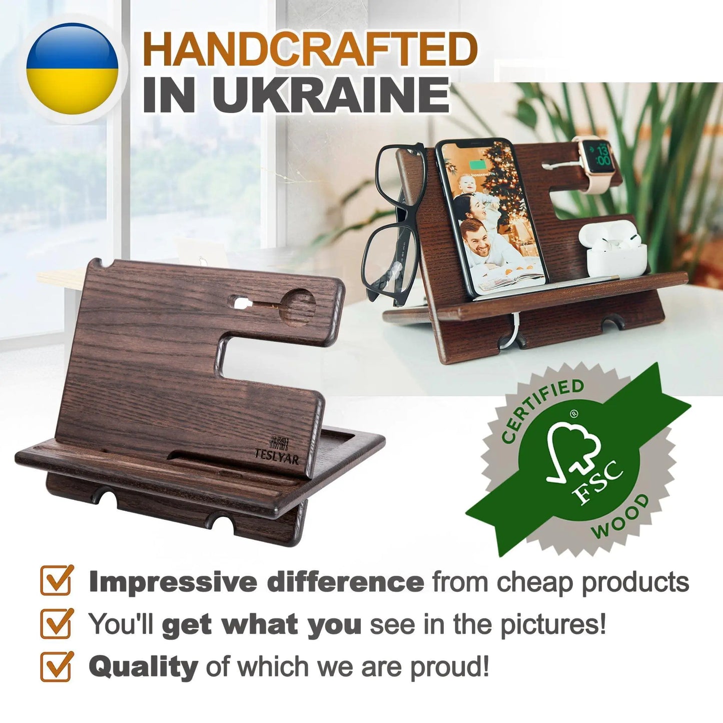 Wood Phone Docking Station – Wallet Stand & Watch Organizer for Men