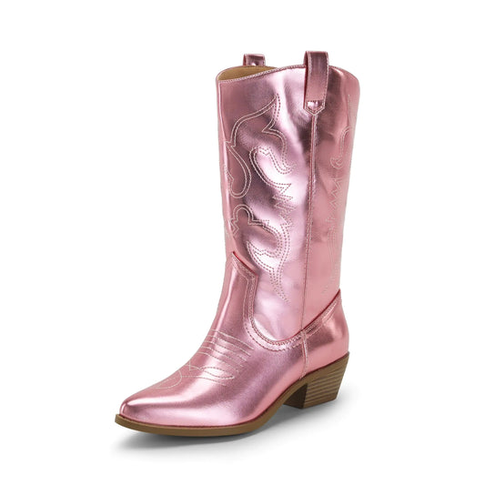DREAM PAIRS Women's Cowboy Boots Pull On Cowgirl Boots Mid Calf Western Boots 6 Pink-metal