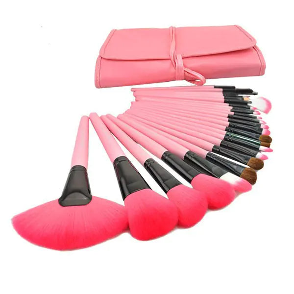24-Piece Professional Makeup Brush Set – Wooden Handle, Synthetic Fiber Bristles (Pink, Black, Wood Color)