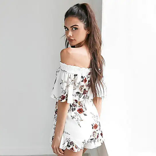 Floral Off-the-Shoulder Romper – Lightweight Cotton Blend, Relaxed Fit with Feminine Spring Print (S–XL)