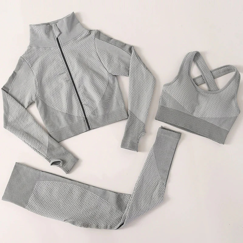 3-Piece Yoga Set – High-Waist Leggings, Sports Bra, and Long-Sleeve Jacket