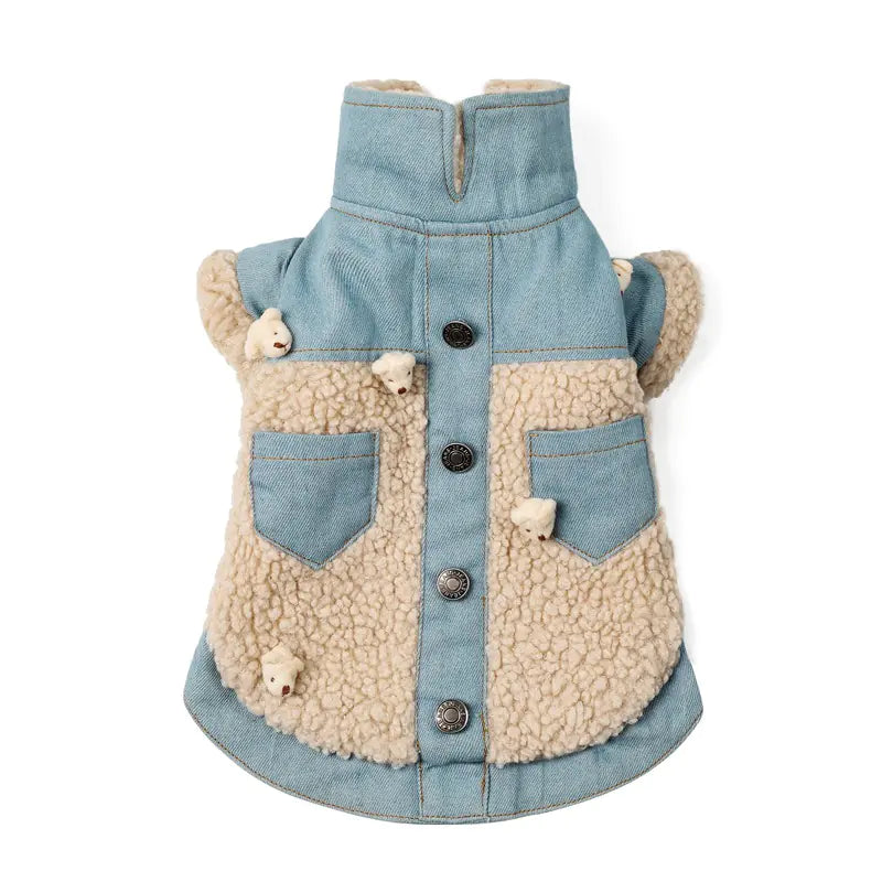 Retro Denim Dog Jacket with Teddy Bear Decoration – Soft Fleece Lining for Cold Weather Comfort