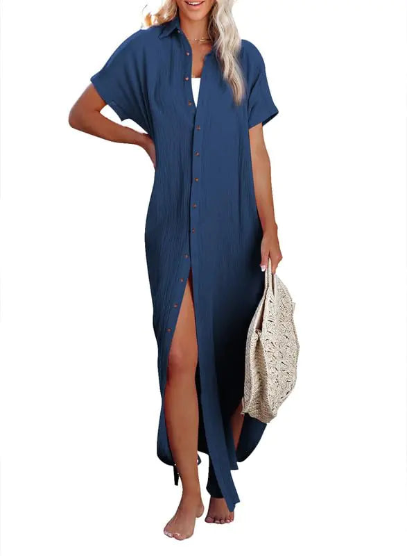 Womens Casual Short Sleeve Side Split Button Down Long Kimonos Cardigans Swimsuit Cover Ups Summer Beach Dress XX-Large 1 White