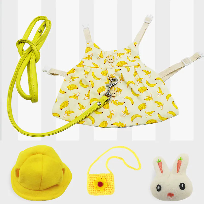 Pet Rabbit Garden Banana Clothes & Traction Rope – Cotton Outfit Set for Small Animals (S and M Sizes)