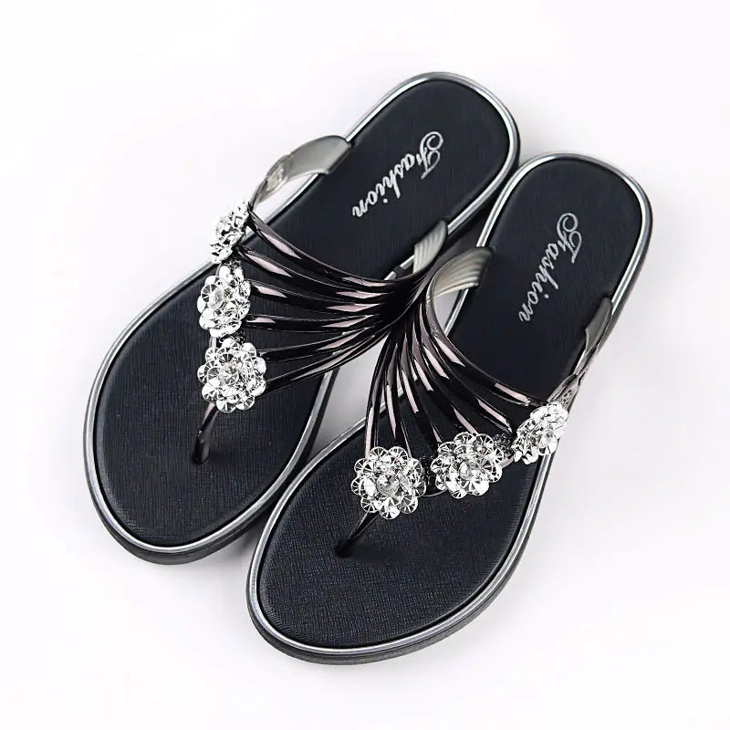Women's Summer Sandals – Rhinestone-Embellished Cowhide Slippers with Flat Sole Comfort