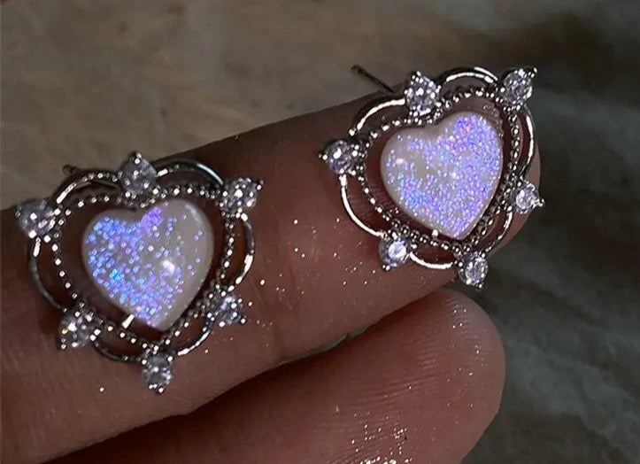 Glitter Shiny Rhinestone Dazzling Peach Heart Stud Earrings