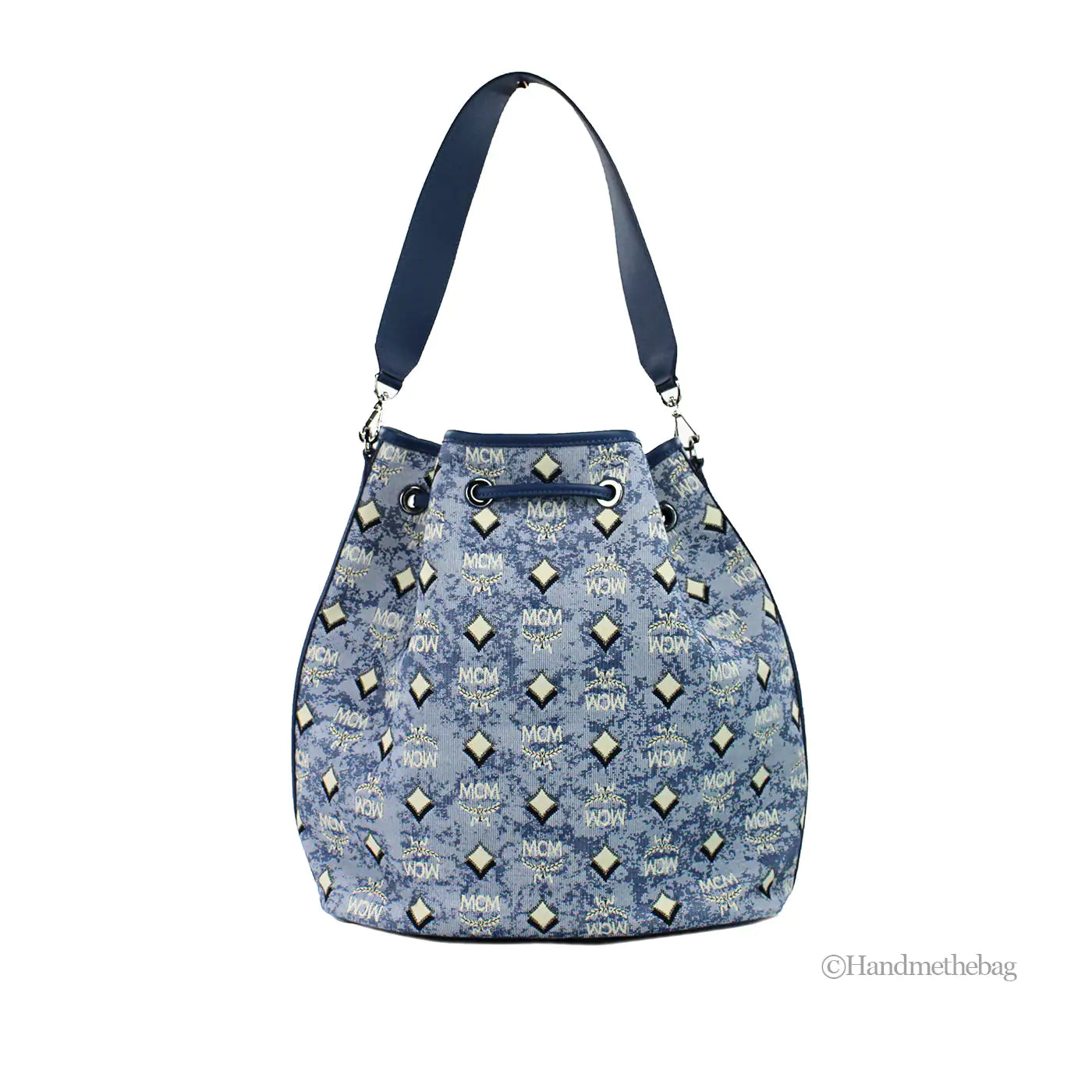 MCM Large Blue Vintage Denim Drawstring Bucket Handbag – Logo Fabric & Leather Trim