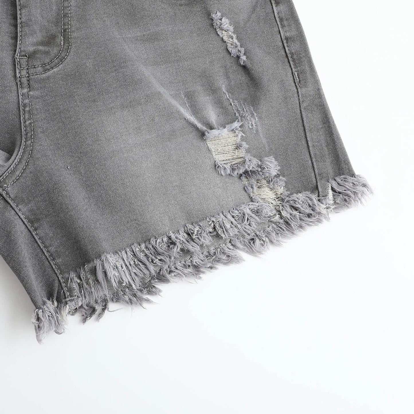 THUNDER STAR Women Mid Rise Ripped Stretchy Jeans Shorts Frayed Raw Hem Casual Denim Shorts 16 Grey-sb2