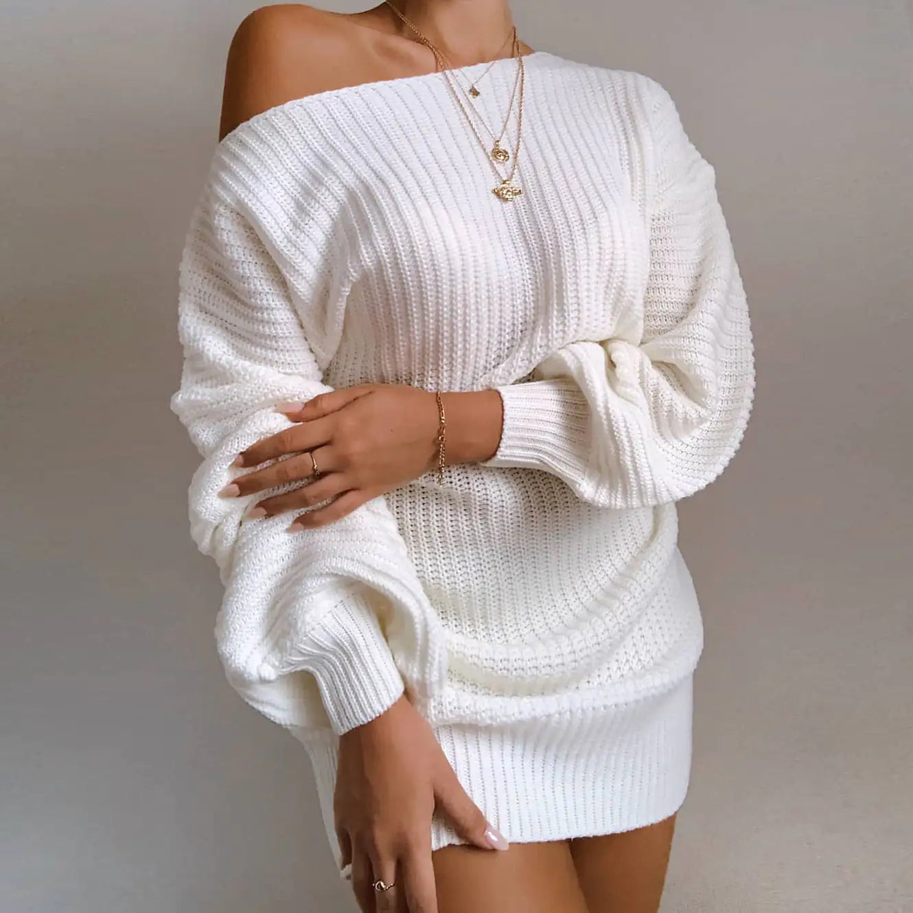 Off-Shoulder Women's Knitted Sweater Dress – Cozy Streetwear Elegance in Multiple Colors