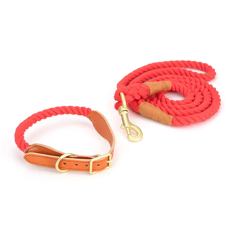 Cowhide Woven Cotton Rope Dog Leash & Collar Set – Durable & Stylish for All Breeds (Sizes S–XL)