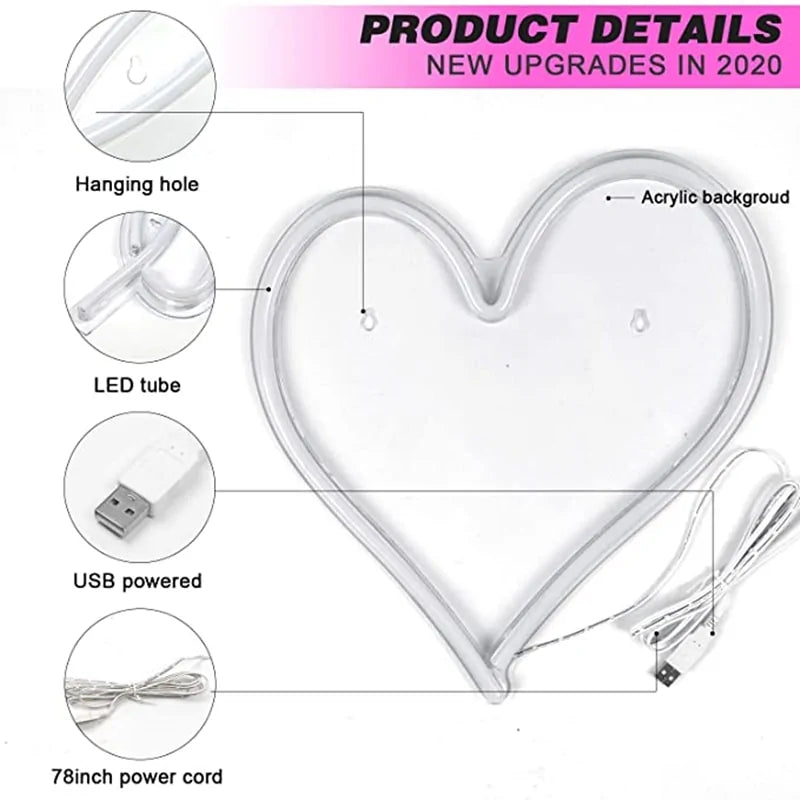 Big Heart Shape Neon Sign Wall Hanging Light - USB Powered