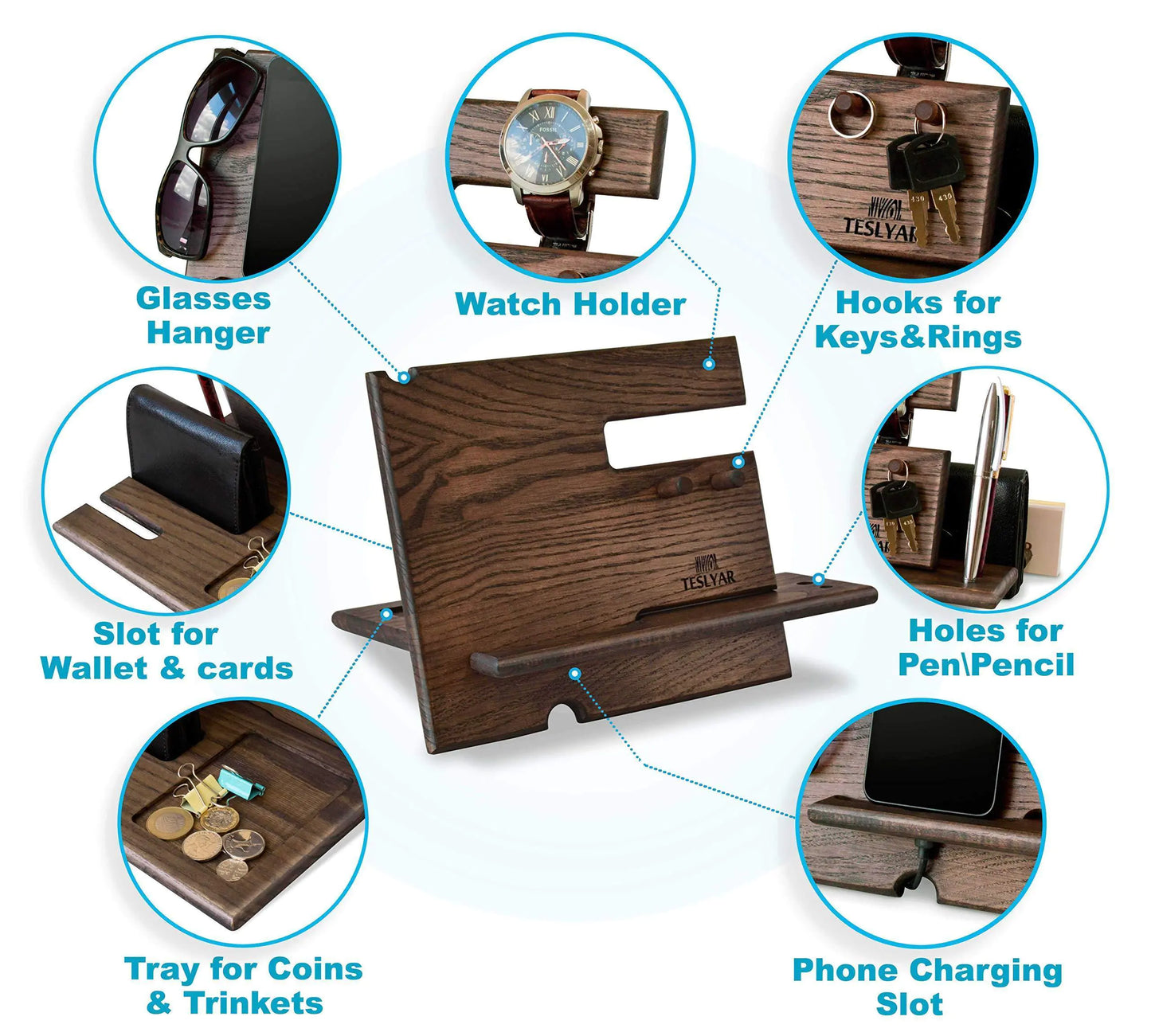 Wood Phone Docking Station – Ash Key Hooks, Wallet Stand, and Watch Organizer for Men