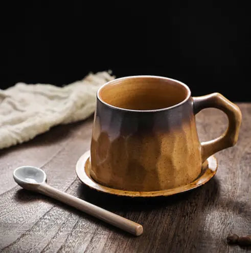 Japanese Vintage Ceramic Coffee Cup and Saucer Set – Handcrafted Stoneware Coffee Mug with Matching Plate (10.1oz, White / Yellow / Black)
