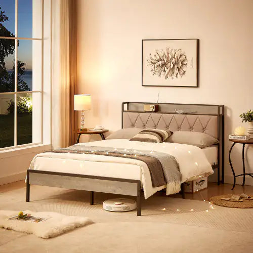 Full Size Bed Frame with Charging Station – Grey, 83.1" L x 56.1" W x 39.2" H