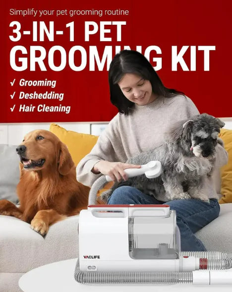 Pet Grooming Vacuum Kit – 3-in-1 Low Noise Deshedding & Trimming Tool (with Clipper, Brush & Large Dust Cup)