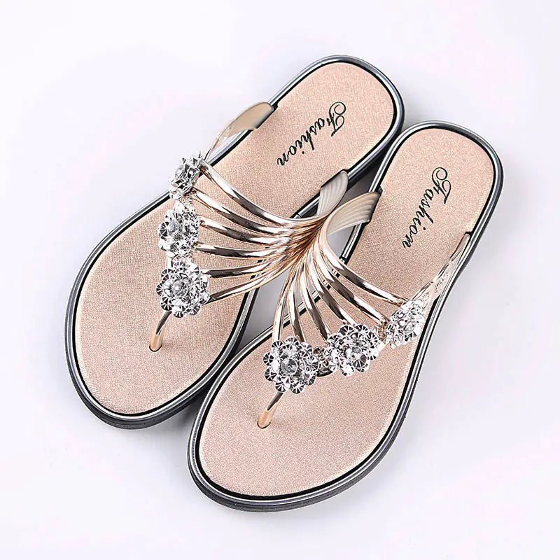 Women's Summer Sandals – Rhinestone-Embellished Cowhide Slippers with Flat Sole Comfort