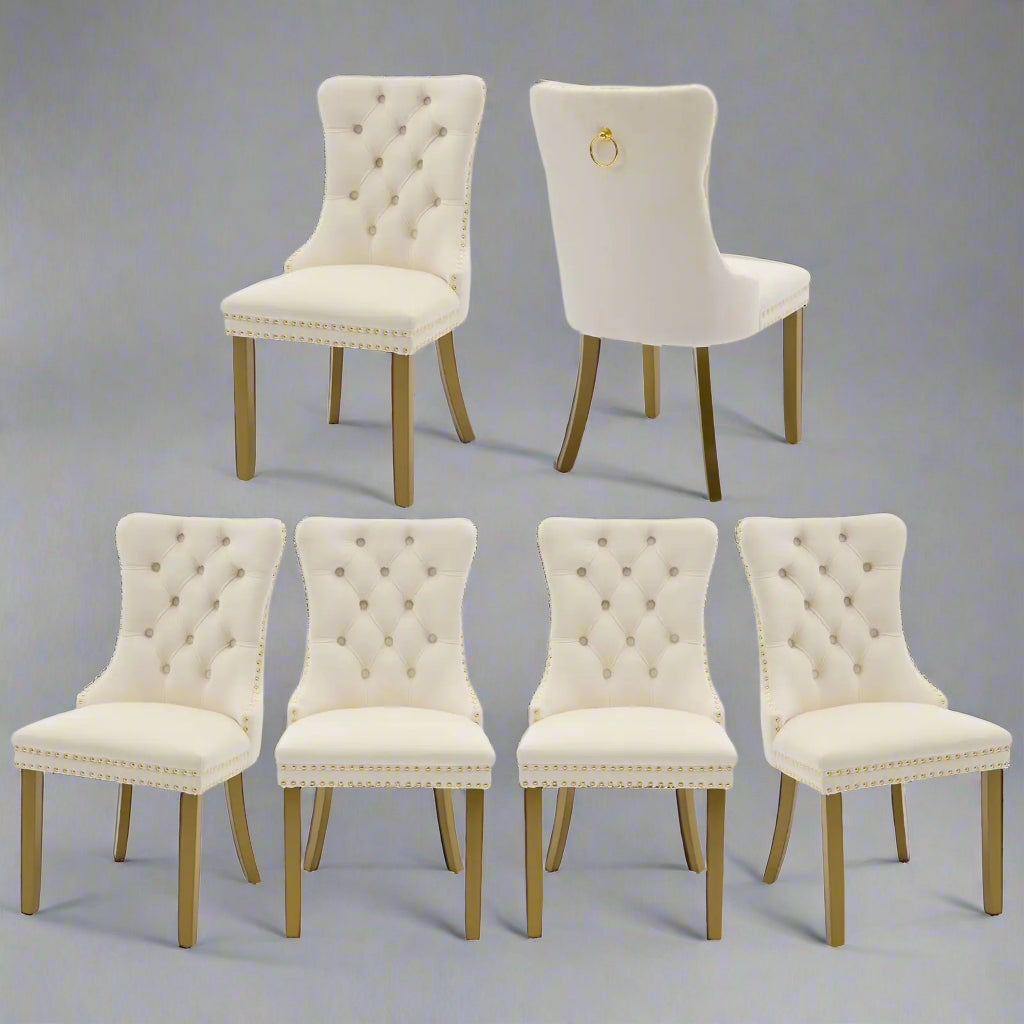 Velvet Dining Chairs Set of 6 – Cream High-Back Tufted Chairs with Golden Legs and Nail head Trim