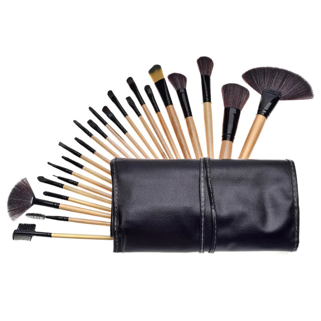 24-Piece Professional Makeup Brush Set – Wooden Handle, Synthetic Fiber Bristles (Pink, Black, Wood Color)