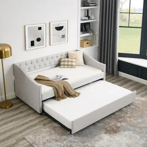 Double Sofa Bed with Double Roller – Tufted Upholstered Sofa with Button Back and Brass Studs on Wavy Arms, Beige (80.5"x41"x30.5")