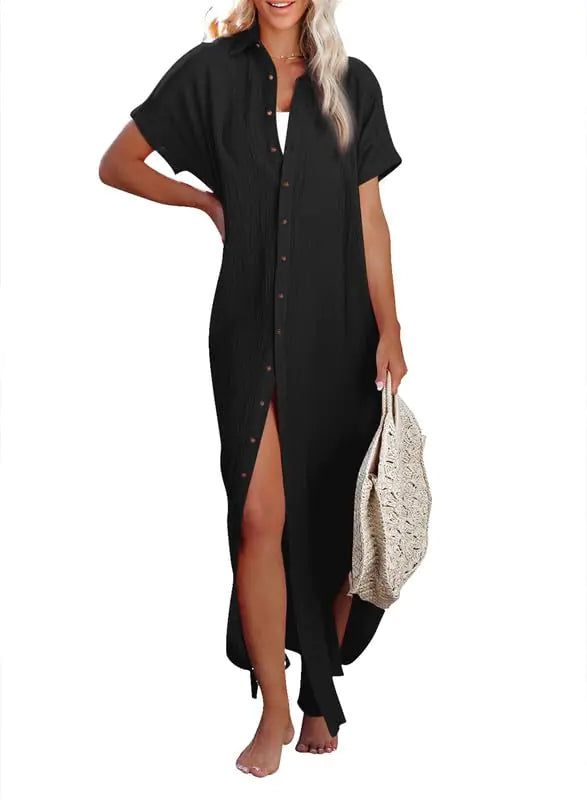 Womens Casual Short Sleeve Side Split Button Down Long Kimonos Cardigans Swimsuit Cover Ups Summer Beach Dress XX-Large 1 White