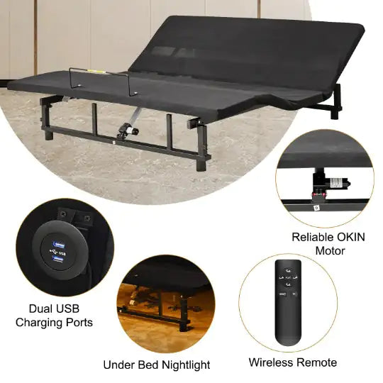 Adjustable Bed Base Frame – Queen Size | Head and Foot Incline, Wireless Remote, Zero Gravity, 4 USB Ports & Under-Bed Nightlight – Quiet Motor